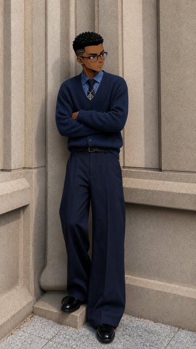 A person with short curly hair and dark glasses leans against a stone wall wearing a navy blue sweater, dress shirt, tie, and wide-leg navy trousers.