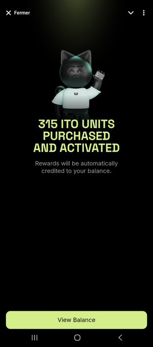 A mobile app screen showing a cartoon cat character in a white shirt with the text '315 ITO UNITS PURCHASED AND ACTIVATED' and a 'View Balance' button.