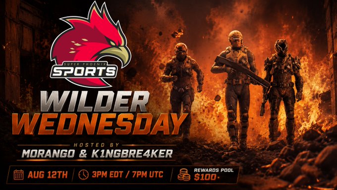 Promotional artwork for 'Wilder Wednesday' hosted by Morango and K1NGBRE4KER, featuring a red bird logo and three tactical characters against a fiery backdrop, with event details showing August 12th at 3 PM EDT / 7 PM UTC and a $100 rewards pool.
