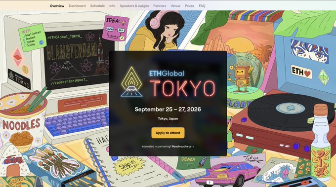 A webpage for the "ETHGlobal TOKYO" hackathon scheduled for "September 25 - 27, 2026" featuring retro 90s-style illustrations and an "Apply to attend" button.