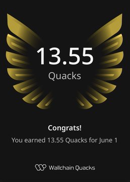 The image shows a person who has earned 13.55 Quacks for a month. The achievement is presented in a poster style with a golden background featuring a design of wings, symbolizing a victory or success. There are two lines of text below this central line of imagery, congratulating the individual and providing additional details about the reward system.