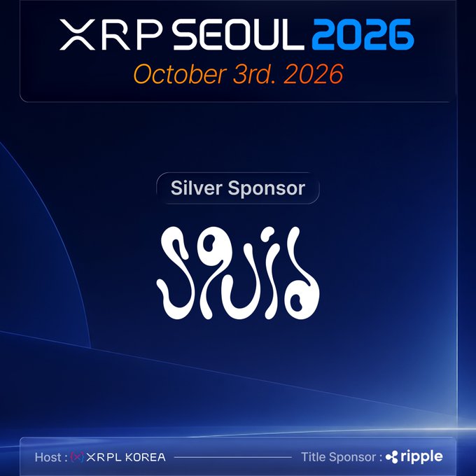 A blue promotional graphic for 'XRP SEOUL 2026' on 'October 3rd, 2026', listing 'Silver Sponsor' with 'XRPL KOREA' as host and 'Ripple' as Title Sponsor.