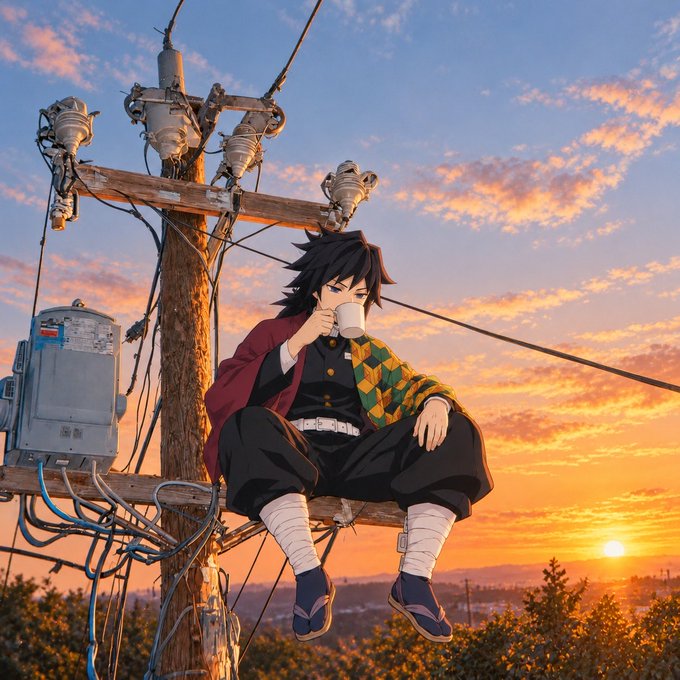 An anime character with dark hair, wearing a red haori over a yellow and green checkered garment, sits on a utility pole at sunset drinking from a white mug.