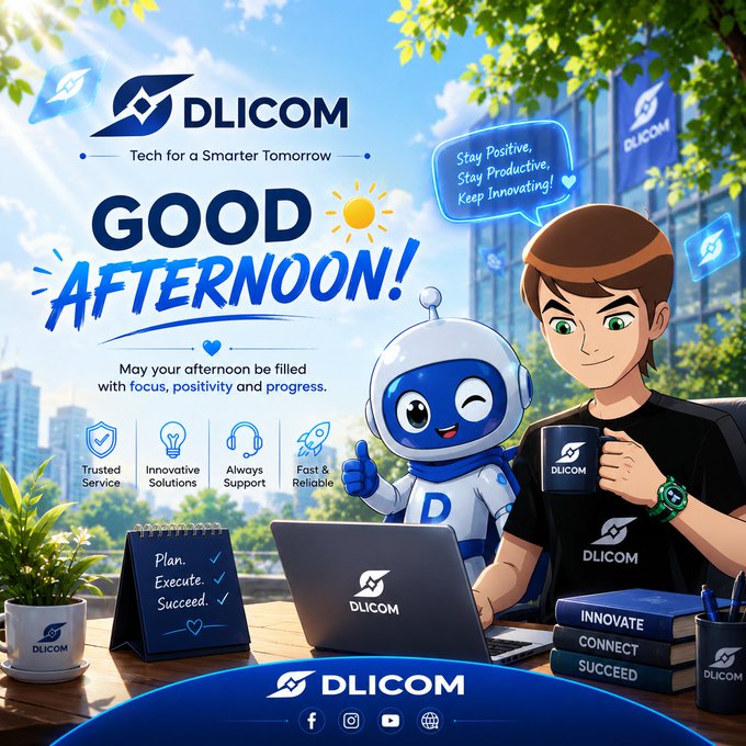 The image features a man sitting at a desk with a laptop, while a robot companion sits next to him. The scene includes a potted plant, a cup of coffee, and several books scattered around them. The caption for the image reads "Good Afternoon! Stay focused, stay positive, and keep moving forward. Every step today builds a better tomorrow." This message is related to the post about DLICOM, as it encourages users to focus on their goals and maintain a positive attitude while working towards success.