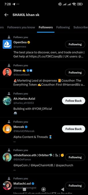 A Twitter/X followers list for user 'SHAKIL khan sk' showing accounts like OpenSea, Steve (Co-founder of opensea), and Ah.Hariss Azizi with 'Follows you' labels.