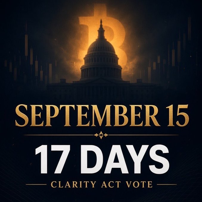 A dramatic graphic displays the US Capitol building behind a glowing Bitcoin logo with text reading 'SEPTEMBER 15', '17 DAYS', and 'CLARITY ACT VOTE'.