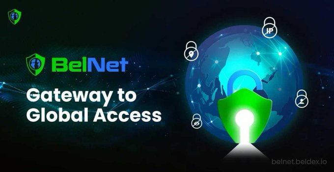 A promotional banner for BelNet, subtitled 'Gateway to Global Access,' featuring a globe with location pins and a glowing green padlock icon, with the website belnet.beldex.io.