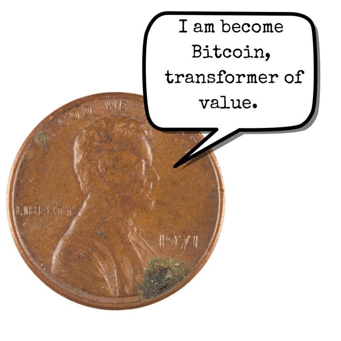 A 1971 US penny with Abraham Lincoln's profile has a speech bubble saying, 'I am become Bitcoin, transformer of value.'