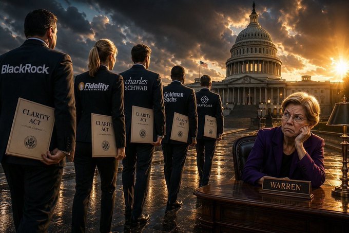 Political illustration showing figures labeled BlackRock, Fidelity, Charles Schwab, Goldman Sachs, and Grayscale carrying "CLARITY ACT" documents toward the U.S. Capitol, with Senator Warren seated at a desk in the foreground.