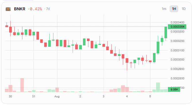 A 1-hour candlestick chart of BNKR showing a -0.42% change over 7 days, with the price currently at 0.0003354 after rebounding from lows around 0.0002900.
