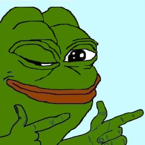 A cartoon illustration of Pepe the Frog smirking and pointing with one hand, while giving a "shaka" or finger-gun gesture with the other hand against a light blue background.