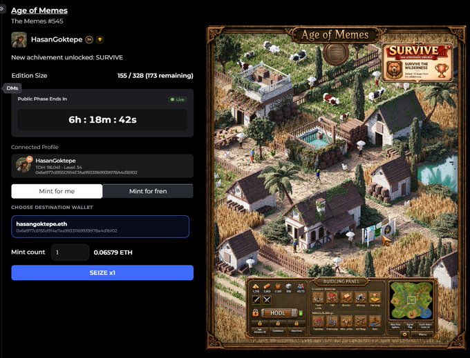 A screenshot of an NFT minting page for "Age of Memes" (The Memes #545) by HasanGoktepe, showing a 6h:18m:42s countdown, edition size of 155/328, and a "SURVIVE" achievement unlock.