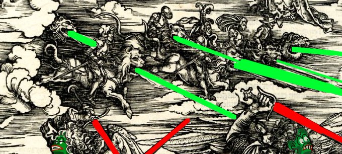 A black and white historical engraving depicts figures on horseback in clouds with green and red arrows overlaid pointing across the image.