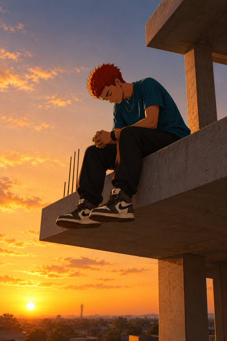 An artistic illustration of a red-haired young man in a teal shirt and Nike sneakers sitting on a concrete structure at sunset, looking down at his hands.