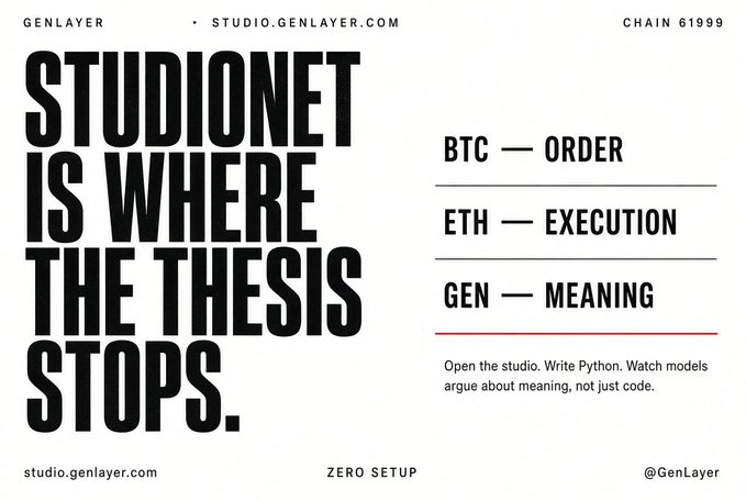 A poster for GenLayer's StudioNet states 'STUDIONET IS WHERE THE THESIS STOPS' with bullet points: 'BTC — ORDER', 'ETH — EXECUTION', 'GEN — MEANING', at studio.genlayer.com.