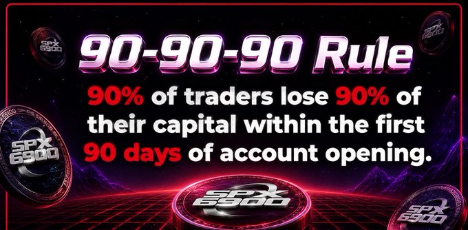 A promotional graphic for 'SPX 6900' displaying the '90-90-90 Rule' stating that '90% of traders lose 90% of their capital within the first 90 days of account opening,' set against a red and black digital background.