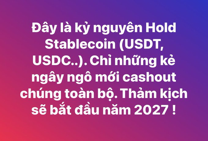The image features bold white Vietnamese text on a pink-to-blue gradient background, reading: "Đây là kỷ nguyên Hold Stablecoin (USDT, USDC..). Chỉ những kẻ ngây ngô mới cashout chúng toàn bộ. Thầm kịch sẽ bắt đầu năm 2027!" ("This is the era of HODLing Stablecoins (USDT, USDC..). Only fools cash out entirely. The tragedy will begin in 2027!").

The caption's sarcastic framing ("why does it have to be such a tragedy, Chiên Gia Stablecoin?") directly mocks the image's warning that cashing out stablecoins will lead to disaster in 2027, treating the serious-sounding prediction as ironic comedy.