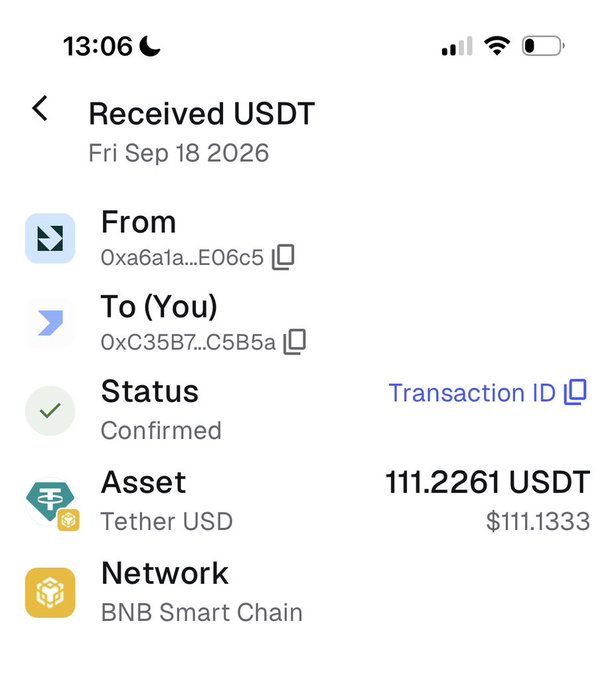 A mobile wallet screenshot shows a 'Received USDT' transaction of 111.2261 USDT on BNB Smart Chain, status confirmed, dated Fri Sep 18 2026.