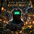 A dark, glitchy promotional image featuring a masked figure with a green LED display, with text reading 'HAPPY BIRTHDAY' and 'CRYPTO MERCY'.