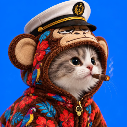 A digital illustration of a kitten wearing a floral hoodie and a sailor hat with an anchor emblem, smoking a cigar against a blue background.
