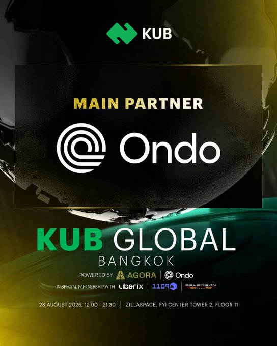 Promotional poster for KUB GLOBAL BANGKOK event on 28 August 2026, featuring Ondo as the main partner, and special partners AGORA, Liberix, 1109, and Selendra.