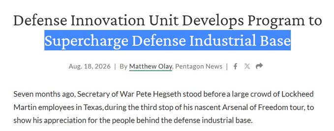 The image shows a Pentagon news article headline reading "Defense Innovation Unit Develops Program to Supercharge Defense Industrial Base," dated Aug. 18, 2026, by Matthew Olay, mentioning Secretary of War Pete Hegseth and Lockheed Martin. The article relates to $LPTH as defense-focused companies in the industrial base could benefit from new government initiatives aimed at strengthening and investing in defense contractors and suppliers.