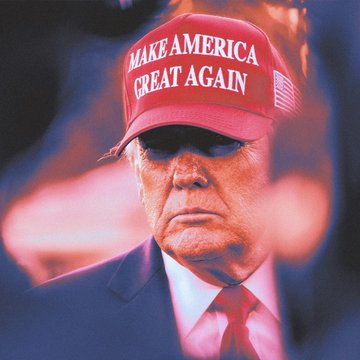 Former President Donald Trump, wearing his signature red "MAKE AMERICA GREAT AGAIN" cap, appears in this stylized, blue-tinted photo, contextualizing news about Trump Media's Bitcoin holdings and a recent $165 million BTC transfer to Crypto.com.