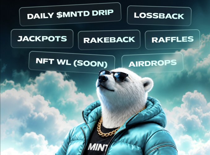 A white bear mascot wearing sunglasses, a gold chain, and a teal puffer jacket stands confidently against a cloudy sky, surrounded by feature tags including "DAILY $MNTD DRIP," "LOSSBACK," "JACKPOTS," "RAKEBACK," "RAFFLES," "NFT WL (SOON)," and "AIRDROPS" — visually summarizing PlayOnMint's unified reward ecosystem that ties multiple gameplay incentives together.