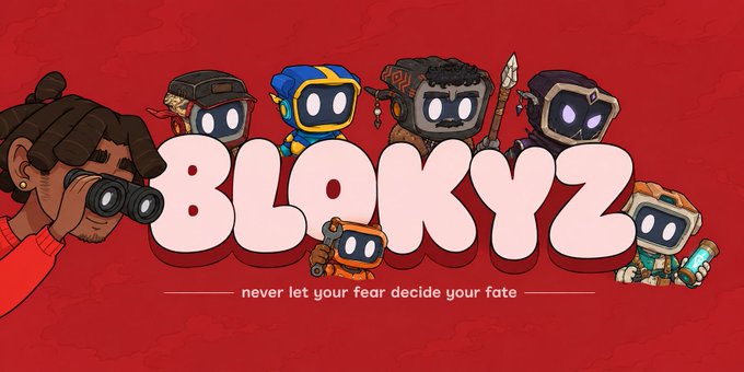 A graphic design featuring several chibi-style robot characters and a person looking through binoculars, alongside the text 'BLOKYZ never let your fear decide your fate'.