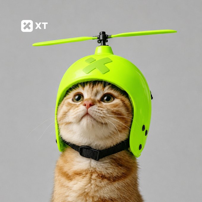 A digital artwork of an orange tabby cat wearing a bright neon green helicopter helmet with spinning rotor blades, branded with an 'XT' logo.