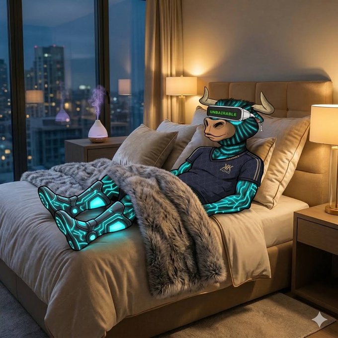 An AI-generated image of a glowing, horned bull mascot wearing an 'UNBAIRABLE' VR headset, lounging in bed wearing sneakers and a t-shirt, set in a modern bedroom with a city skyline at night.