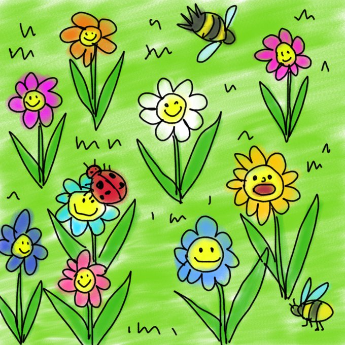 A cheerful childlike drawing features smiling flowers, a ladybug, and bees scattered across a green background with scattered 'm' and 'n' letters.