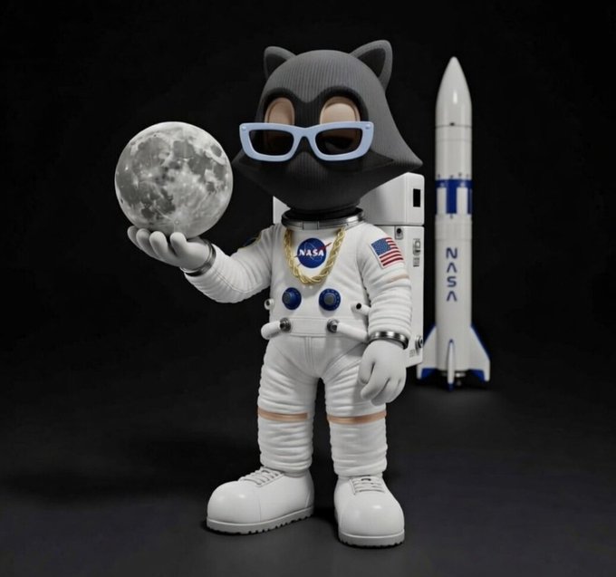 A cartoon cat astronaut in a NASA spacesuit and sunglasses holds a moon, with a NASA rocket in the background and the "NASA" logo visible on the suit. The image uses a space-themed meme to hype the "@akidcalledbeast" crypto/StockX "Beast" token, suggesting "moonshot" profits.