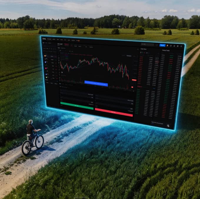 A surreal scene showing a person on a bicycle on a dirt path in a green field, looking at a giant floating holographic trading chart displaying candlestick data.
