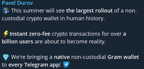 Pavel Durov announces Telegram's summer rollout of a non-custodial Gram crypto wallet for over a billion users with zero-fee transactions.