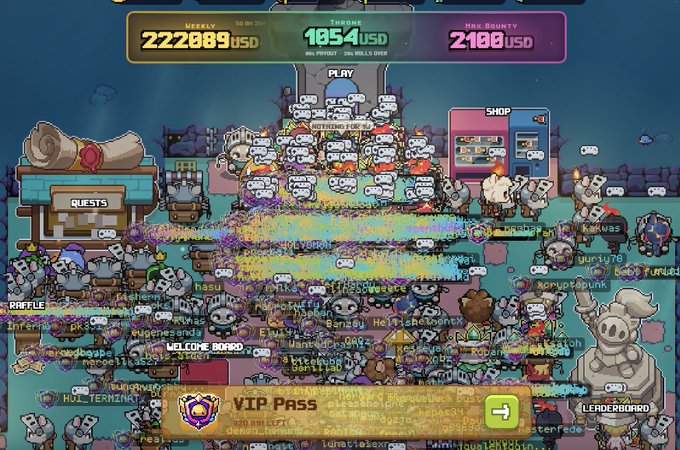 A chaotic screenshot of a crowded NFT game interface featuring numerous "BOARD" characters, a VIP Pass promotion, and a weekly reward of "222089 USD," with maximum bounty displayed as "2100 USD" and throne earnings showing "1054 USD." The image reflects the user's discussion about their expectations for a project (referenced as @YieldFields_RH) being higher than all zec NFTs combined, as they work toward breaking into the top 300 ranking.