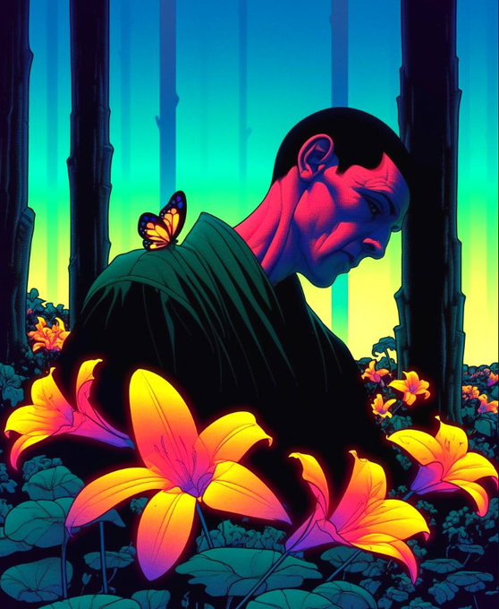 A vibrant, stylized digital illustration of a man with a pinkish-red glowing face standing in a dark forest, surrounded by bright orange and yellow lilies with a butterfly on his shoulder.