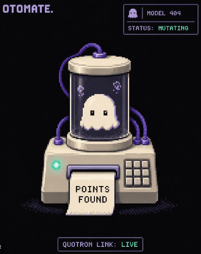 A pixel-art illustration shows a ghost contained within a laboratory machine labeled "OTOMATE," with "MODEL 404" and "STATUS: MUTATING" displayed at the top, and a "POINTS FOUND" receipt printing out while "QUOTRON LINK: LIVE" appears at the bottom, visually representing the Quotrons404 model and Automate's NFT innovation mentioned in the $INK ecosystem post.