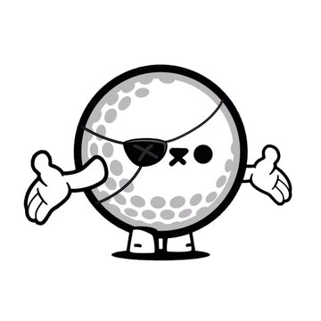 A black and white cartoon illustration of a round, golf ball-like character with an eyepatch, raising both hands with palms up in a shrugging gesture.