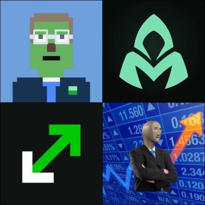 A four-panel image showing a pixel-art avatar with glasses, a green 'M' logo on black background, a green upward stock chart arrow, and a humanoid figure in a suit standing against a stock market price board.