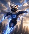 A cat wearing a blue and white superhero cape and outfit flies through the sky above a city skyline.