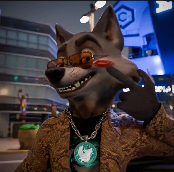 A stylized wolf or husky character wearing yellow sunglasses, a snake-patterned jacket, a chain with a glowing pendant, and a small lizard on its shoulder poses against an urban backdrop.
