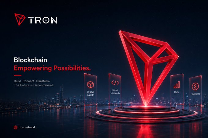 A promotional image for TRON featuring its glowing red triangular logo hovering above a dark cityscape, accompanied by the tagline "Blockchain Empowering Possibilities" and service categories (Digital Assets, Smart Contracts, DeFi, Payments), visually reinforcing the post's message that TRON is helping blockchain achieve mainstream utility through accessible decentralized services.