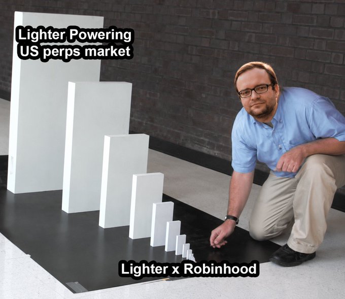 A meme referencing 'Lighter Powering US perps market' and 'Lighter x Robinhood' partnership, using a photo of a man kneeling next to descending white blocks resembling a chart pattern.