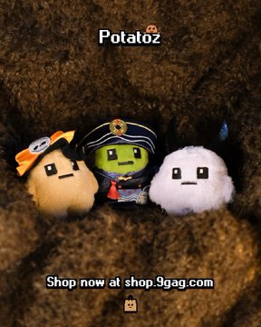 A promotional image features three Halloween-themed Potatoz plushies labeled "Zombie," "Demon," and "Halloween Hat" Potatoz, nestled in a brown fuzzy background with the "Potatoz" brand name displayed at the top and a "Shop now at shop.9gag.com" call-to-action at the bottom.
