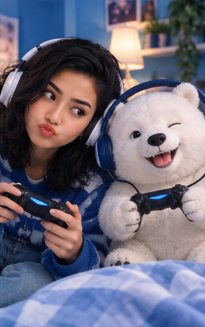 An illustration of a girl and a white teddy bear wearing headphones and holding video game controllers.