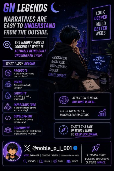 An infographic titled 'GN LEGENDS: Narratives are easy to understand from the outside' with sections 'What I look beyond' (Products, Users, Liquidity, Infrastructure, Development, Community) and creator handle @noble_p_j_001, emphasizing deeper research in Web3.