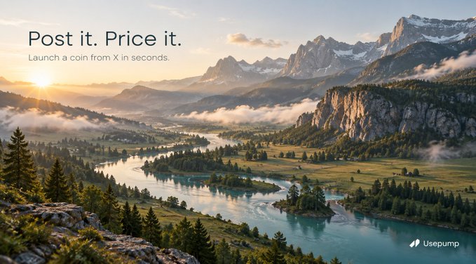 A scenic mountain landscape with a winding turquoise river and sunlit peaks serves as the backdrop for a Usepump promotional graphic, featuring the bold text "Post it. Price it." alongside the tagline "Launch a coin from X in seconds," visually reinforcing the platform's promise of effortless, social-first token creation directly from X posts.