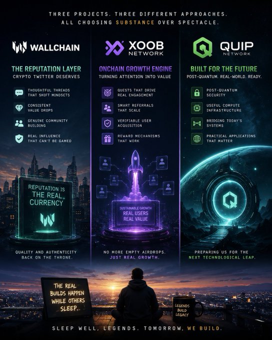 The image features a poster with three different logos, each representing a cryptocurrency company named XOB, QUP, and Quip. The poster also includes information about these companies' offerings and their reputation layers. One of the logos displays an illustration of a man sitting on a bench at night, surrounded by city lights, which is related to the post's title: "Good Night My Friend, Legends. Tomorrow we build". This suggests that the image might be promoting a project or initiative related to cryptocurrency or blockchain technology.