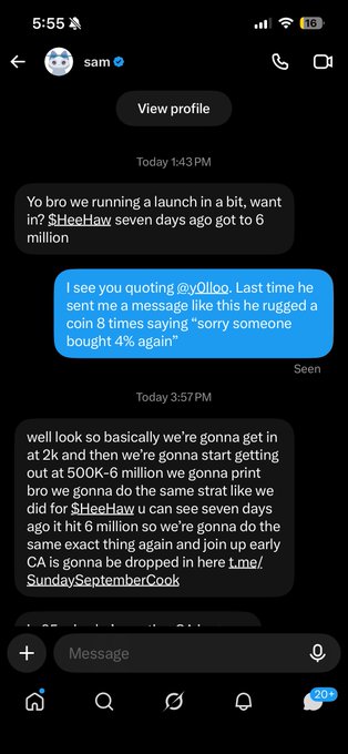 A screenshot of an Instagram direct message conversation about launching a coin, with messages mentioning 'SheeHaw', 'xQilqQ', reaching '6 million', and a drop date link.
